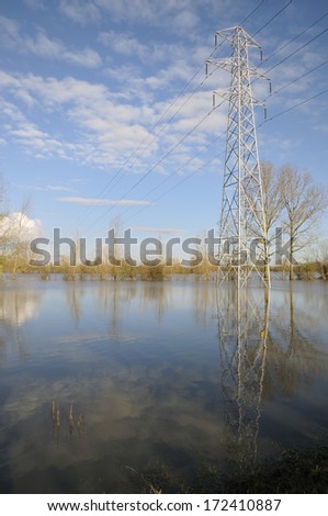 Electricity Power Lines cross Ashleworth Ham in flood, Viewed from banks of River Severn