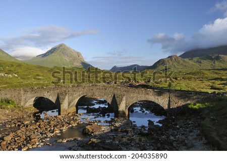 Sligachan Old Bridge with Garbh Bheinn (left in the distance), Marsco (left), & Glen Sligachan (centre). Isle of Skye