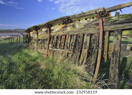Remains of old wooden ship, Dispatch. Beached at Purton to help prevent the River Severn eroding into the Gloucester Sharpness Canal