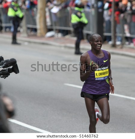BOSTON - APRIL 19:  Robert Cheruiyot (KEN) leads Boston Marathon near finish line on April 19, 2010 in Boston, MA.