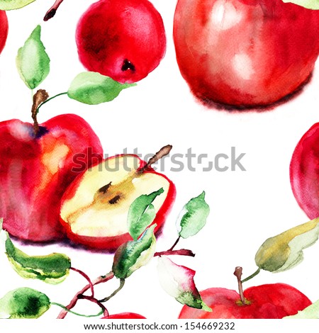 Stylized Watercolor Apple Illustration, Seamless Wallpaper