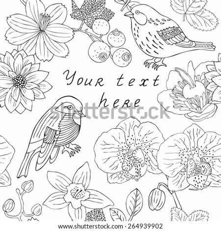 Bird and flower spring card. Vector illustration.