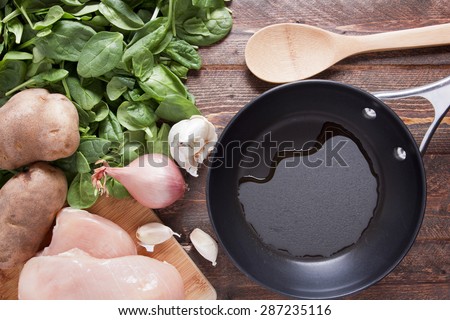 Frying pan with vegetable oil and food ingredients.