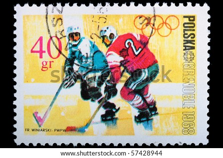 POLAND - CIRCA 1968: A stamp is printed in Poland and visited Hockey, let out CIRCA in 1968.