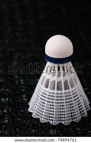 Close-up of a white synthetic shuttlecock on a black badminton net.