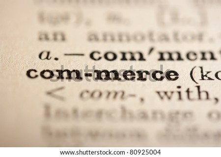 Word commerce from the old dictionary, a close up.