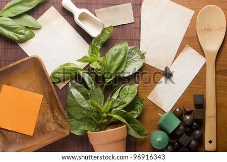Directly above photograph of basil leaves, papers, and decorative objects for herbal medicine or culinary topics. Add your text to the papers.