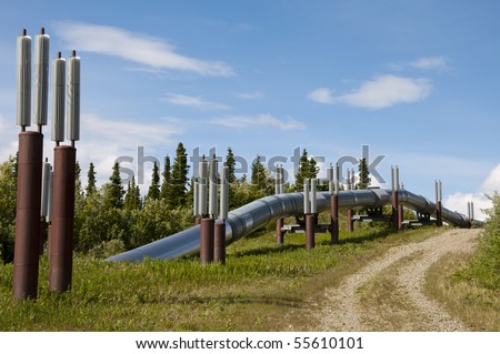 View of Alaska pipeline leaving ground along the Richardson Highway between Glennallen, AK and Fairbanks, AK.