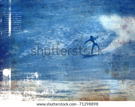 surf poster with surfer in wave with old paper texture