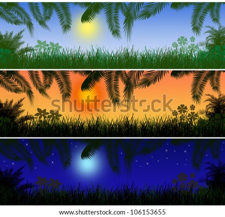 Tropical landscape banners. Day, sunset and night, vector illustration