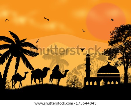 Bedouin camel caravan in arabian landscape on sunset, vector illustration