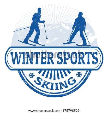 Winter sports skiing grunge rubber stamp on white, vector illustration