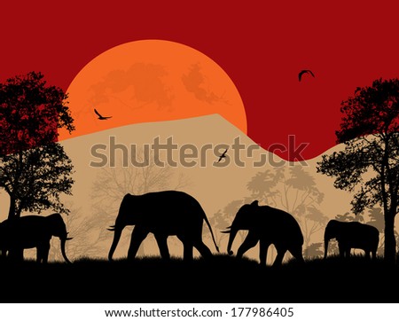 Wild elephants at sunset on beautiful landscape illustration