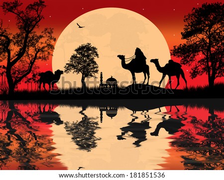 Bedouin camel caravan in Arabian landscape on sunset, vector illustration