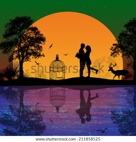 Deer and lovers at sunset near water on beautiful landscape, vector illustration
