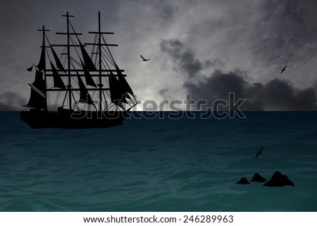 Ancient ship sailing at blue cloudy sunset, background illustration