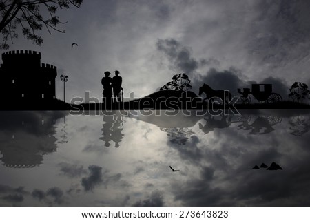 Carriage and old couple on cloudy landscape near water on black and white illustration