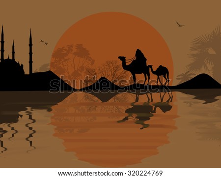Bedouin camel caravan in beautiful landscape near water on sunset, vector illustration