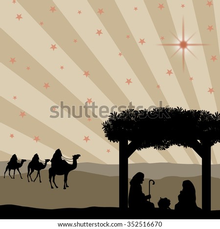 Christmas nativity scene with baby Jesus in the manger, Mary and Joseph in silhouette, three wise men or kings and star of Bethlehem