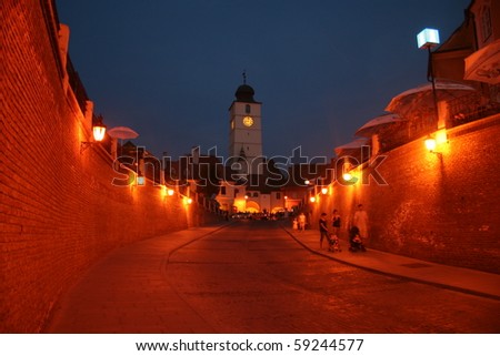 The Council tower in  the old town of Sibiuon the night, Romania