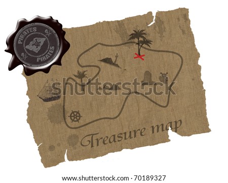 Ancient treasure map on texture of old canvas with pirates wax seal