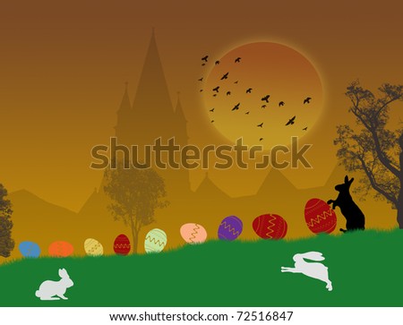 beautiful landscape at sunset with bunny and easter eggs