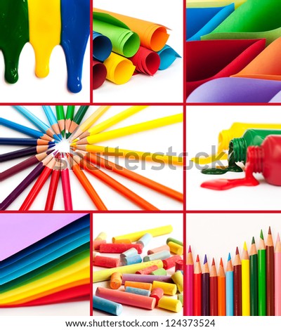 Collage of arts objects: color pencils, paints, paper, chalks