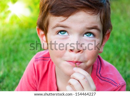 Smiling little boy with a piece of grass in his mouth