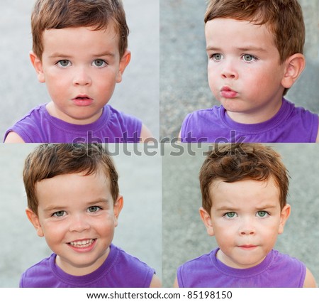 4 emotions of a child: serious, upset, happy and angry