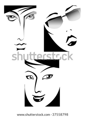 Three graphic vector faces with emotions