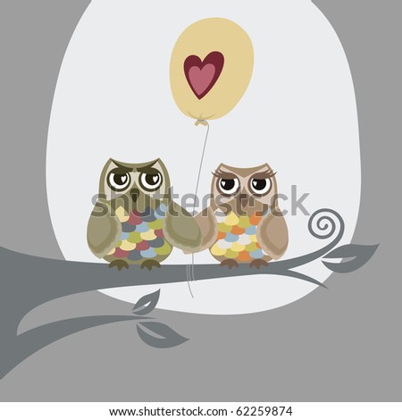 Owls In Love. Two owls and love balloon