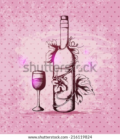 Vintage hand drawn vector bottle of wine on a pink background