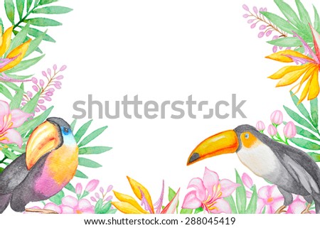 Watercolor background with tropical birds and flowers