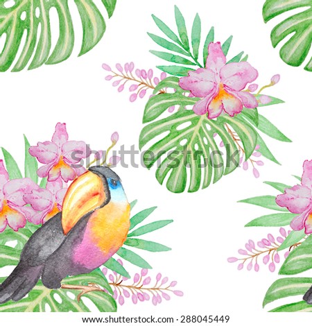 Watercolor seamless pattern with tropical bird and flowers