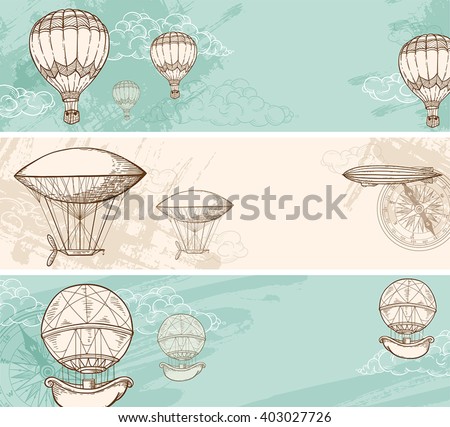Vintage horizontal banners with air balloons flying in the sky. Hand drawn vector illustration.