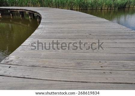 Left curve wooden bridge path in lake at wetland park