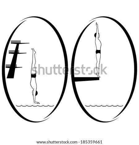 Jumping into the water from a springboard. Illustration on white background. Summer kinds of sports. Illustration on a sports theme.
