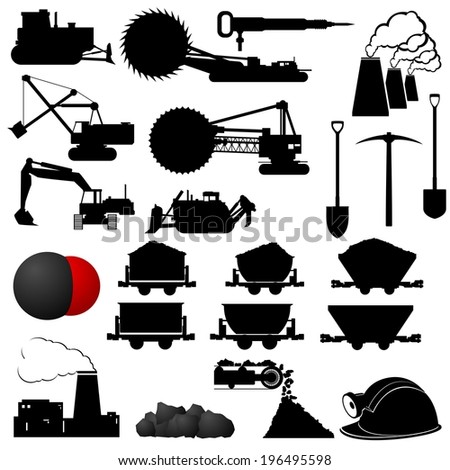 Set of badges and Coal mining industry machinery. Illustration on white background.
