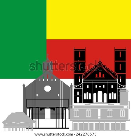 The flag State and the contour image of architectural attractions of this country. Illustration on white background.