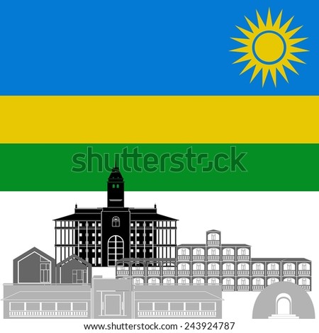 The national flag of the country and the contour image of architectural attractions of this country. Illustration on white background.