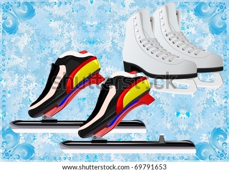 Winter sport. Skates for figure skating and speed skating sessions at the winter abstract background