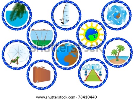 Badges with items for recreation and abstract images of travel