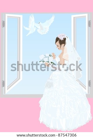 stock vector The bride near an open window in her wedding dress with a 