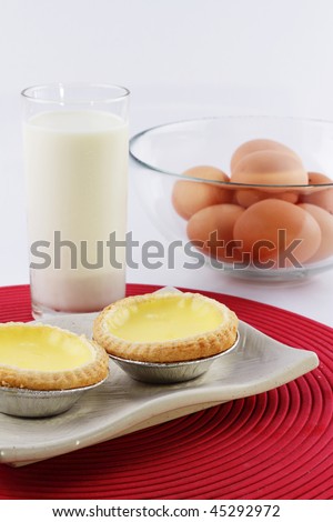 Two egg tarts, a glass of milk and a bowl of eggs on a white background