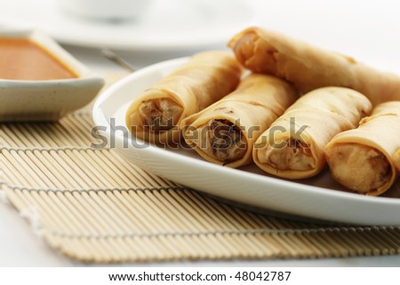 A plate of fried spring rolls or Popiah, a popular Malaysian snack