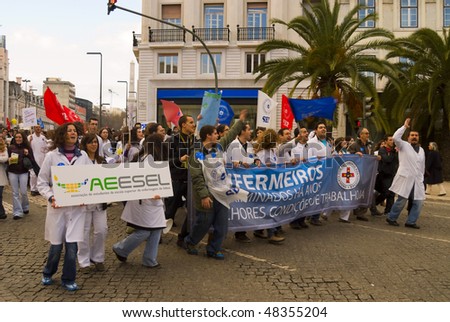 LISBON,PORTUGAL - JANUARY 29: Strike of nurses on street Restauraores,Lisbon, January 29, 2010, Portugal. They want more salary.