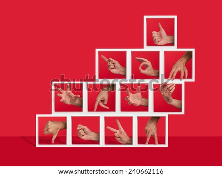 Concept of several hands gesturing inside shelves