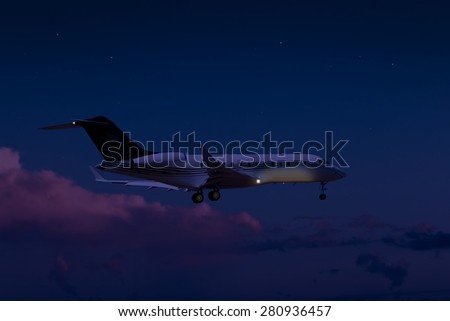Private jet flying at night