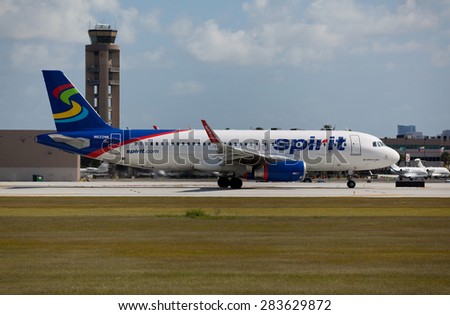 FORT LAUDERDALE, USA - JUNE 2, 2015: A Spirit Airlines Airbus A320 taxiing at the Ft. Lauderdale/Hollywood International Airport, FL. Spirit Airlines has its operating base in Fort Lauderdale.