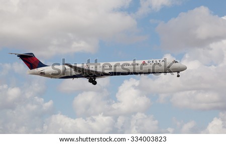 MIAMI, USA - October 22, 2015: A Delta Air Lines MD-80 aircraft landing at the Miami International Airport.